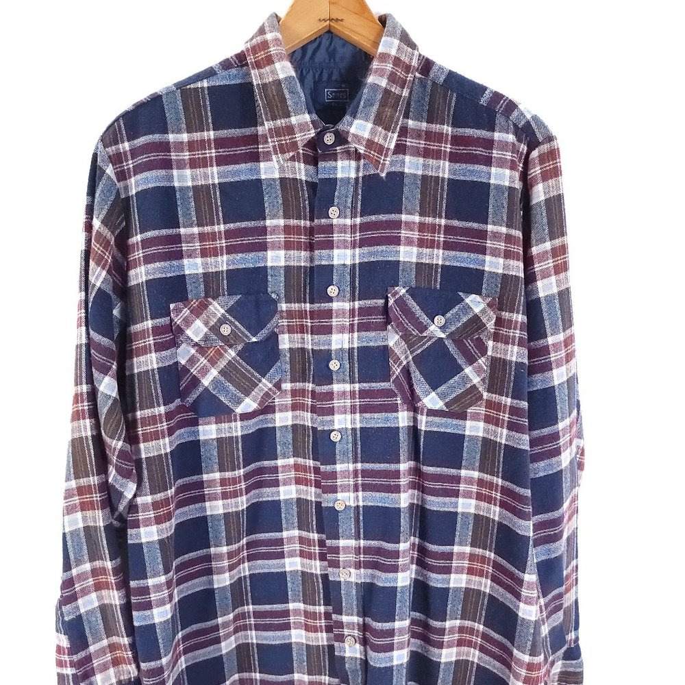 Vintage Sears Shirt Men's 16 - 16 1/2 Tall Red Blue Plaid Button Front  Retro